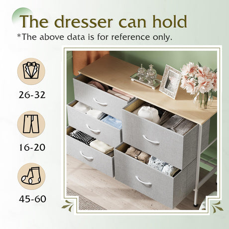 WLIVE Dresser for Bedroom with 5 Drawers, Wide Bedroom Dresser with Drawer Organizers, Chest of Drawers, Fabric Dresser for Living Room, Closet, Hallway, Light Grey WLIVE