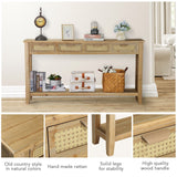 Wnutrees Farmhouse Console Table with 4 Rattan Drawers, 60" Long Narrow Boho Foyer Sofa Tables with Open Storage Shelves for Entryway,Hallway,Living Room, Natural Wnutrees
