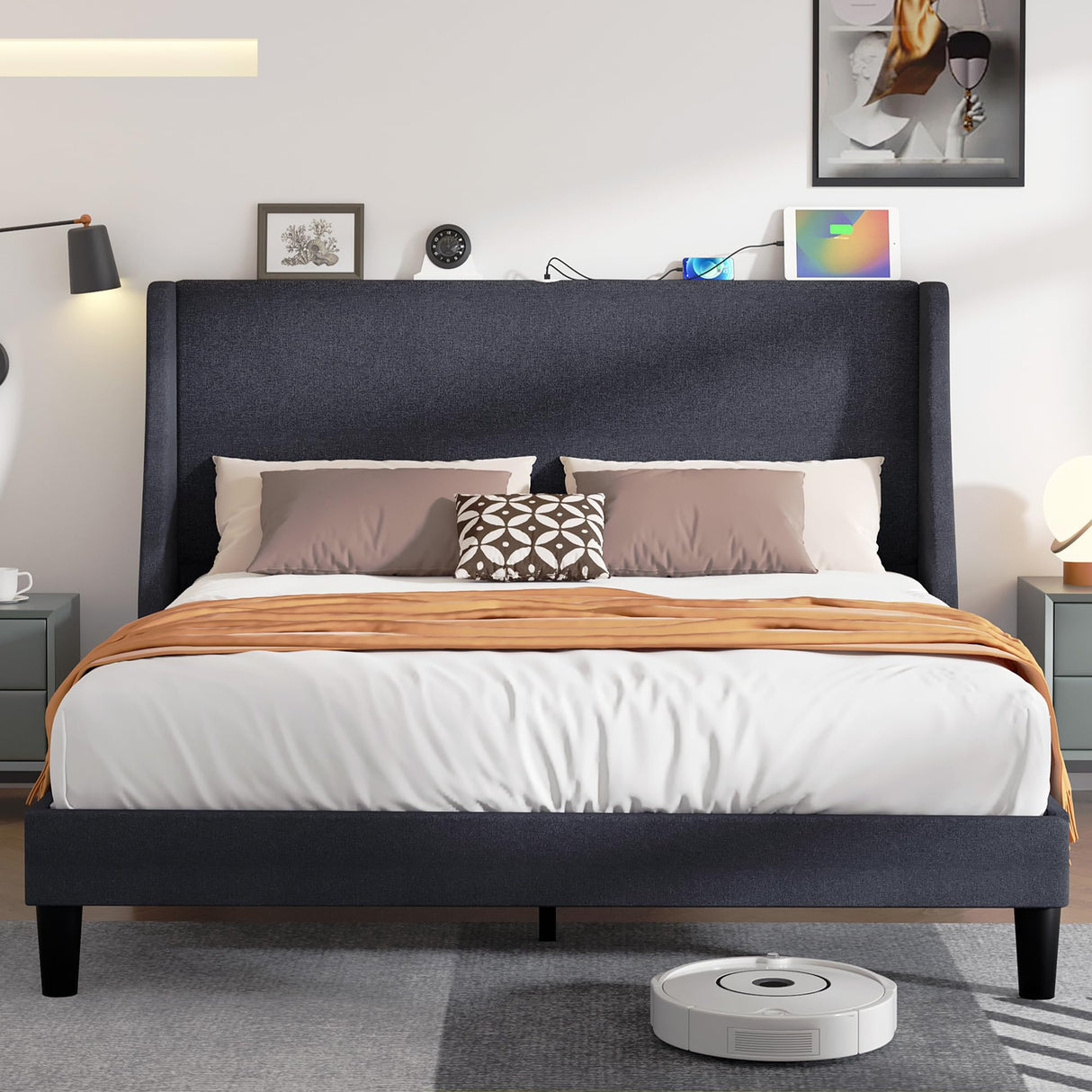 VECELO Queen Bed Frame with Type-C & USB Port, Wingback Headboard, Upholstered Platform Bedframe with Charging Station & Side Pockets, No Box Spring Needed, Grey VECELO