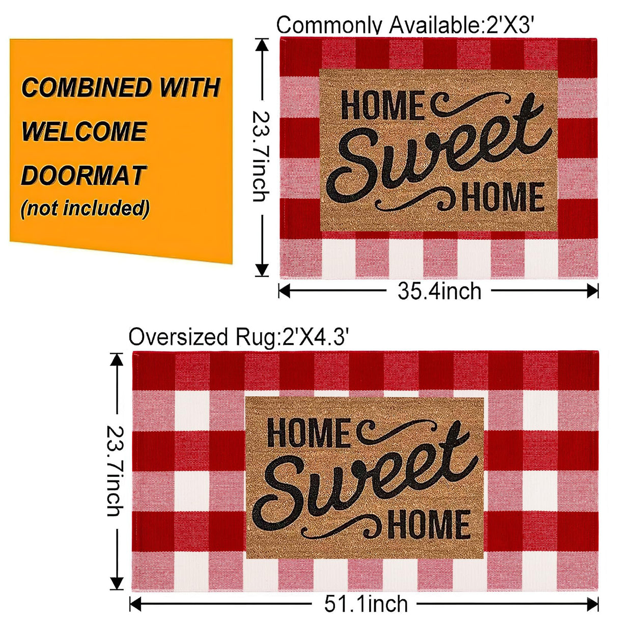 Christmas Outdoor Rugs 24 x 51''Red White Buffalo Plaid Front Porch Rug Hand-Woven Machine Washable Indoor/Outdoor Layered Door Mats for Entryway/Bedroom/Outdoor BUAGETUP