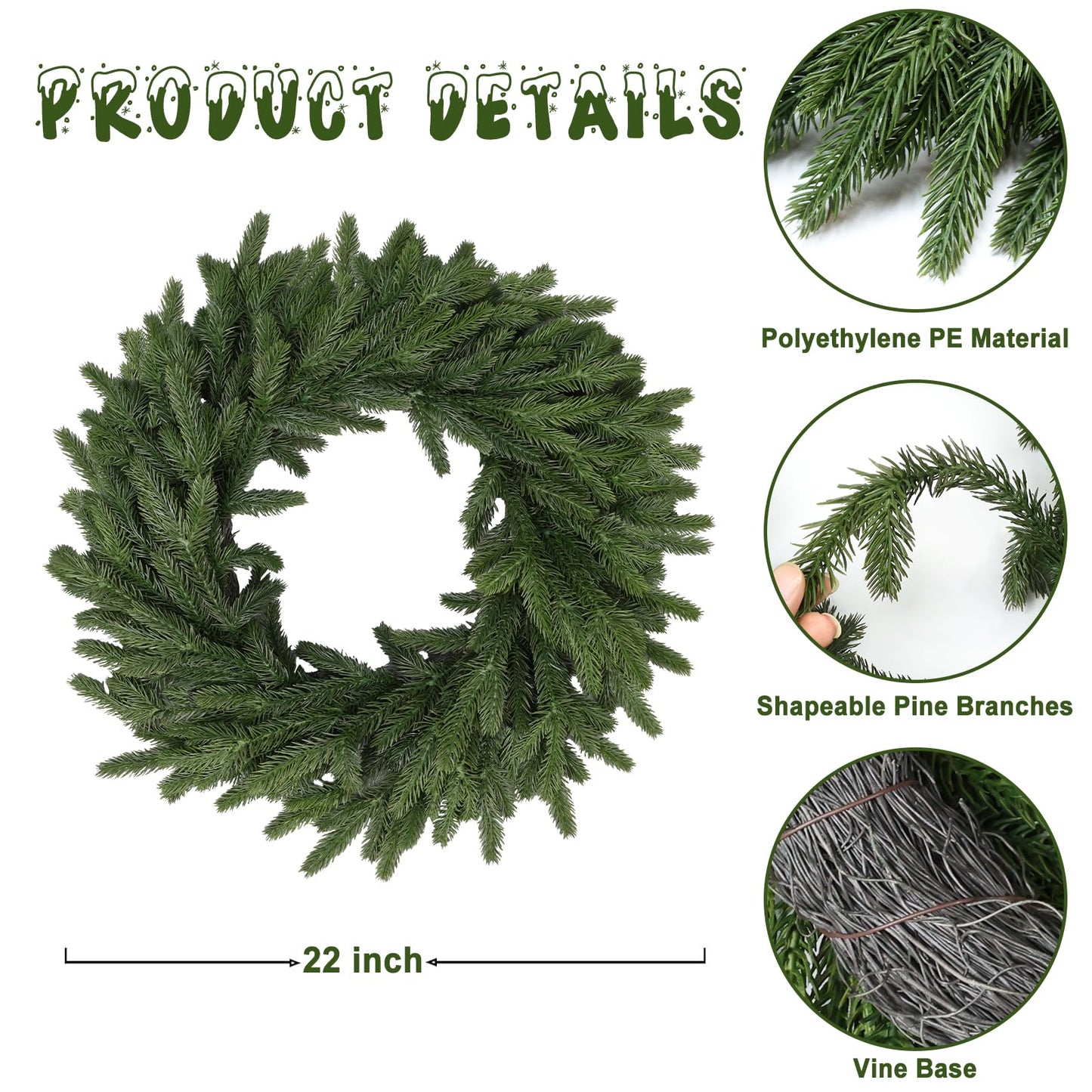 22 Inch Real Touch Christmas Wreath, Natural Droopy,Soft Bendable Winter Wreaths for Front Door, Christmas Wreath for Door, Thanksgiving Wreath, Christmas Greenery Christmas Decorations Outside