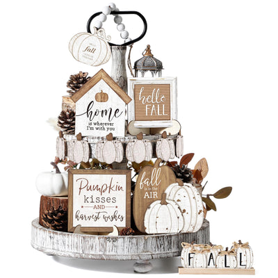 Reallnaive 18 Pcs Fall Thanksgiving Tiered Tray Decor Set Pumpkin Wood Sign Hello Fall Rustic Farmhouse Tray Decoration Tabletop Sign for Autumn Home Kitchen Festival (Neutral)