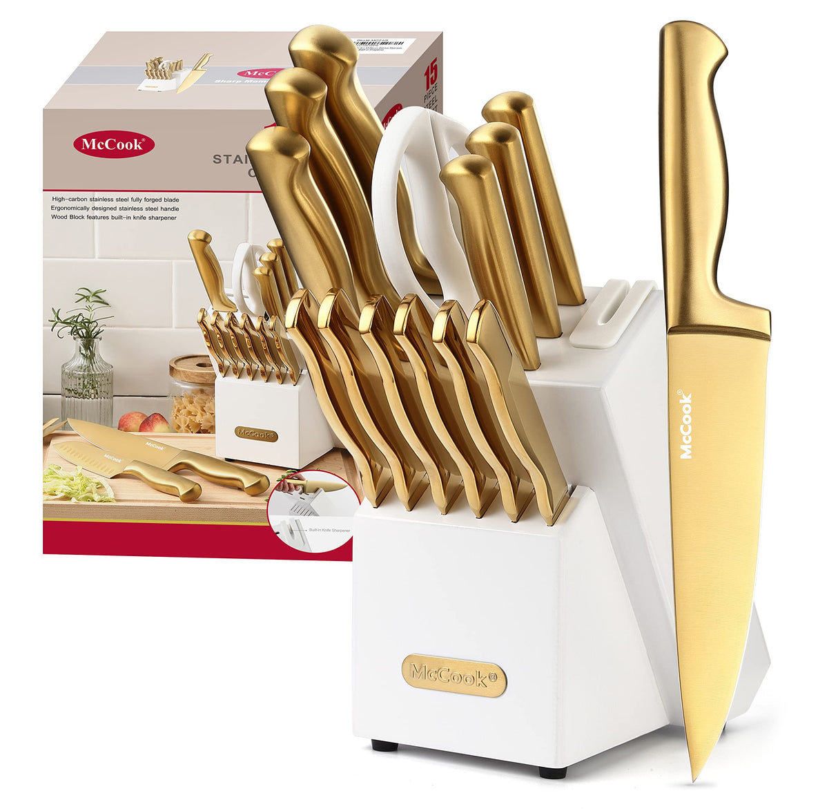McCook® Knife Sets, Golden Titanium Stainless Steel Kitchen Knife Block Sets with Built-in Sharpener McCook