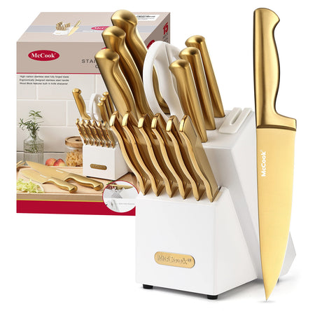 McCook® Knife Sets, Golden Titanium Stainless Steel Kitchen Knife Block Sets with Built-in Sharpener McCook