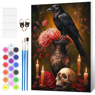 HEIBAGO Halloween Framed Paint by Numbers Kit for Adults, Crow Paint by Numbers for Adults Beginner, Skull Adult Paint by Number Kits on Canvas, painting by numbers for gift home wall decor 12*16 inch