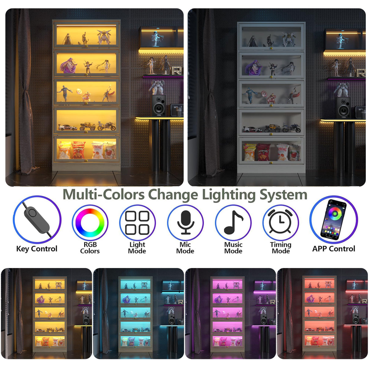 Boniture Display Cabinet with Acrylic Glass Doors,5-Tiers Curio Cabinet with LED Lighting for Collectibles, Collectibles Toy Organizers Rack & Display Shelf Display Case Storage Cabinet, Antique White BONITURE