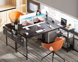 ODK 55 Inch Small L Shaped Computer Desk with Power Outlets, Corner Desk with PC Stand & Reversible Storage Shelves for Small Space Home Office Workstation, Modern Simple Writing Study Table, Black ODK