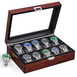 BEWISHOME Watch Box -10 Slot Luxury Wooden Watch Cases for Men Watch Storage with Real Glass Top, Mens Watch Organizer Holder with Removable Pillows, Smooth Faux Leather Interior, Brown SSH10Y BEWISHOME