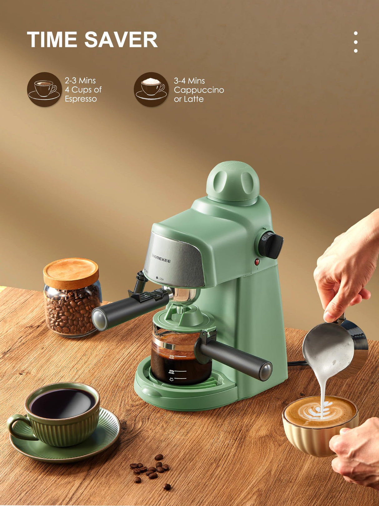 Ihomekee Espresso Machine, 3.5Bar Espresso and Cappuccino Machine with Fast Heating Function, 1-4 Cups Coffee Maker with Milk Frothing Function and Steam Wand (Green) Ihomekee