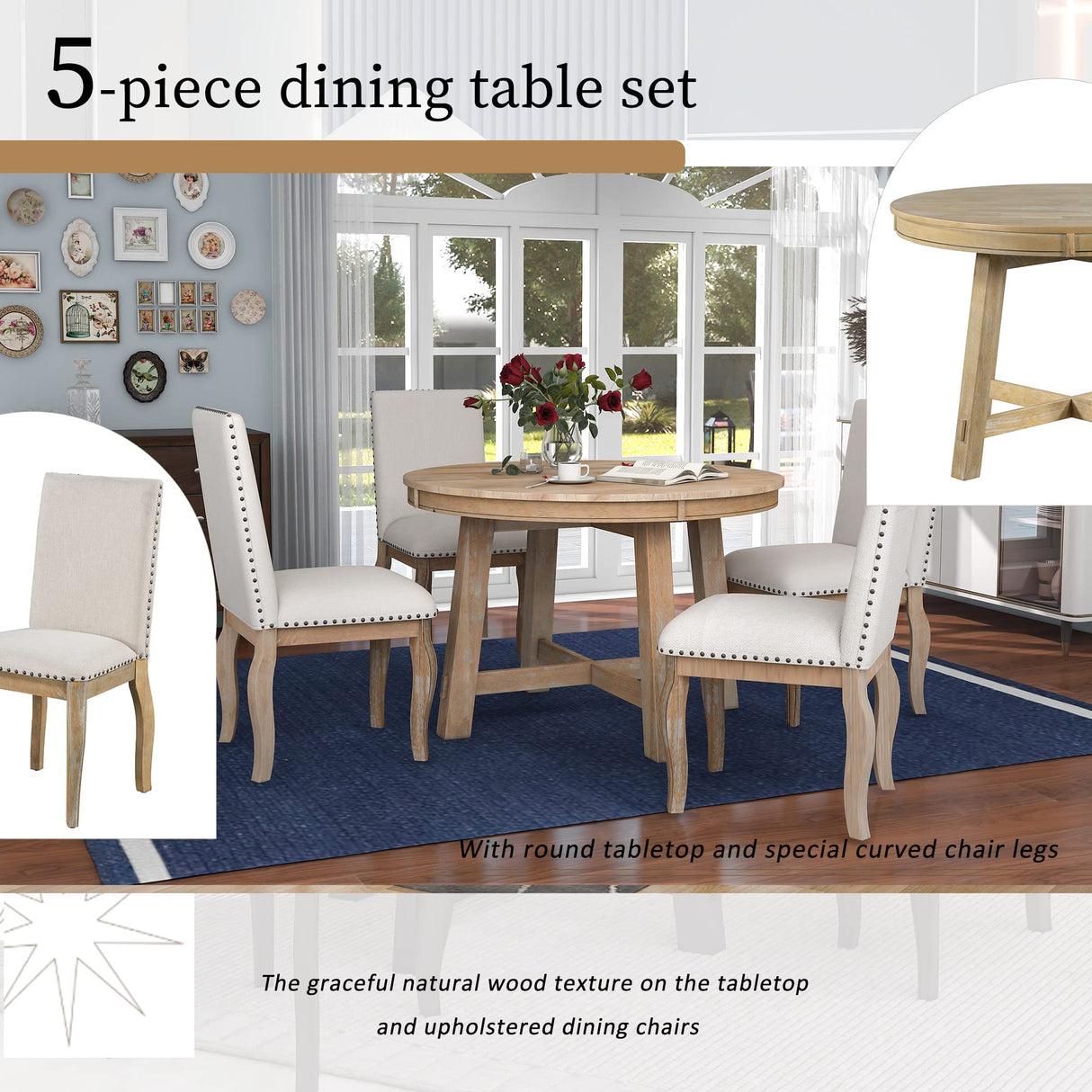 Harper & Bright Designs 5-Piece Farmhouse Extendable Round Dining Table and Upholstered Chair Set, Round Dining Table with Shelf, Wood Dining Table Set for Family Dining Area Harper & Bright Designs