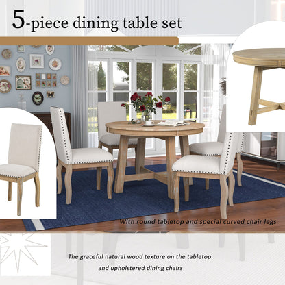 Harper & Bright Designs 5-Piece Farmhouse Extendable Round Dining Table and Upholstered Chair Set, Round Dining Table with Shelf, Wood Dining Table Set for Family Dining Area
