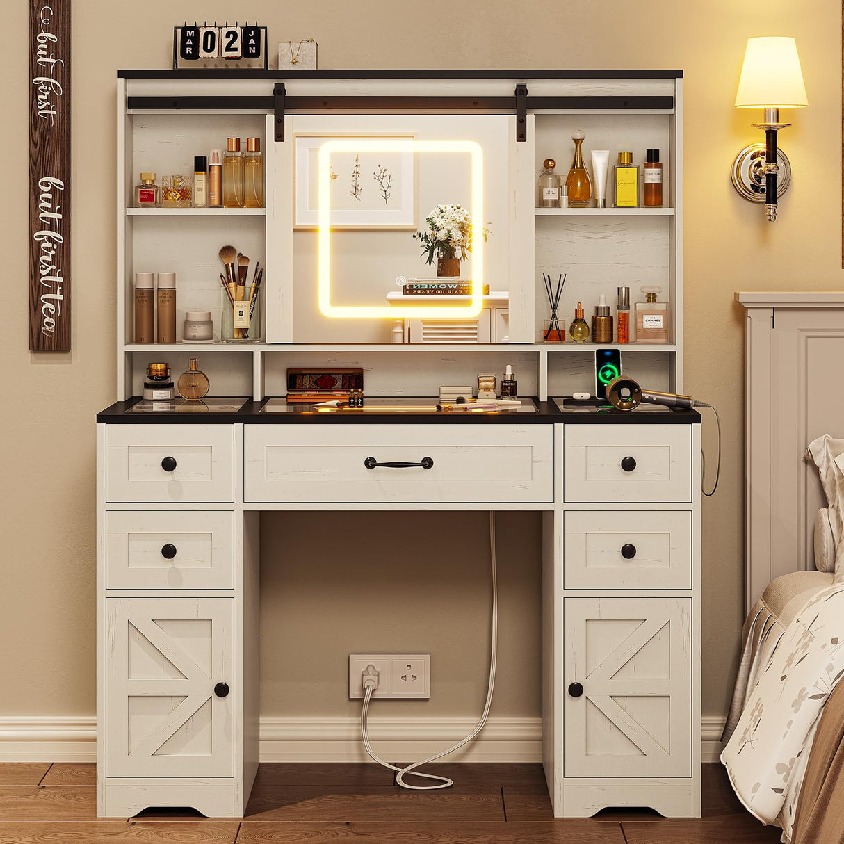 BTHFST Farmhouse Vanity Desk with Sliding Mirror and Lights, Large Makeup Vanity with Glass Top & Charging Station, Vanity Table with 5 Drawers & Shelves & Cabinets, Antique White BTHFST