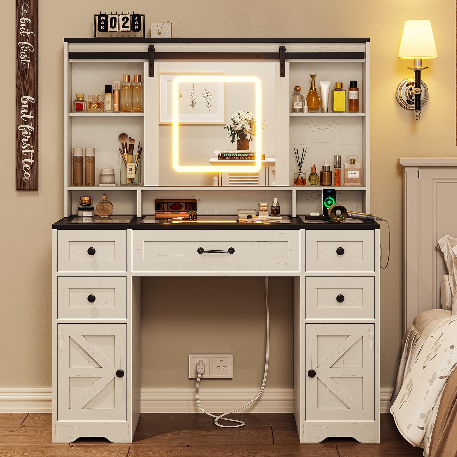 BTHFST Farmhouse Vanity Desk with Sliding Mirror and Lights, Large Makeup Vanity with Glass Top & Charging Station, Vanity Table with 5 Drawers & Shelves & Cabinets, Antique White - WoodArtSupply