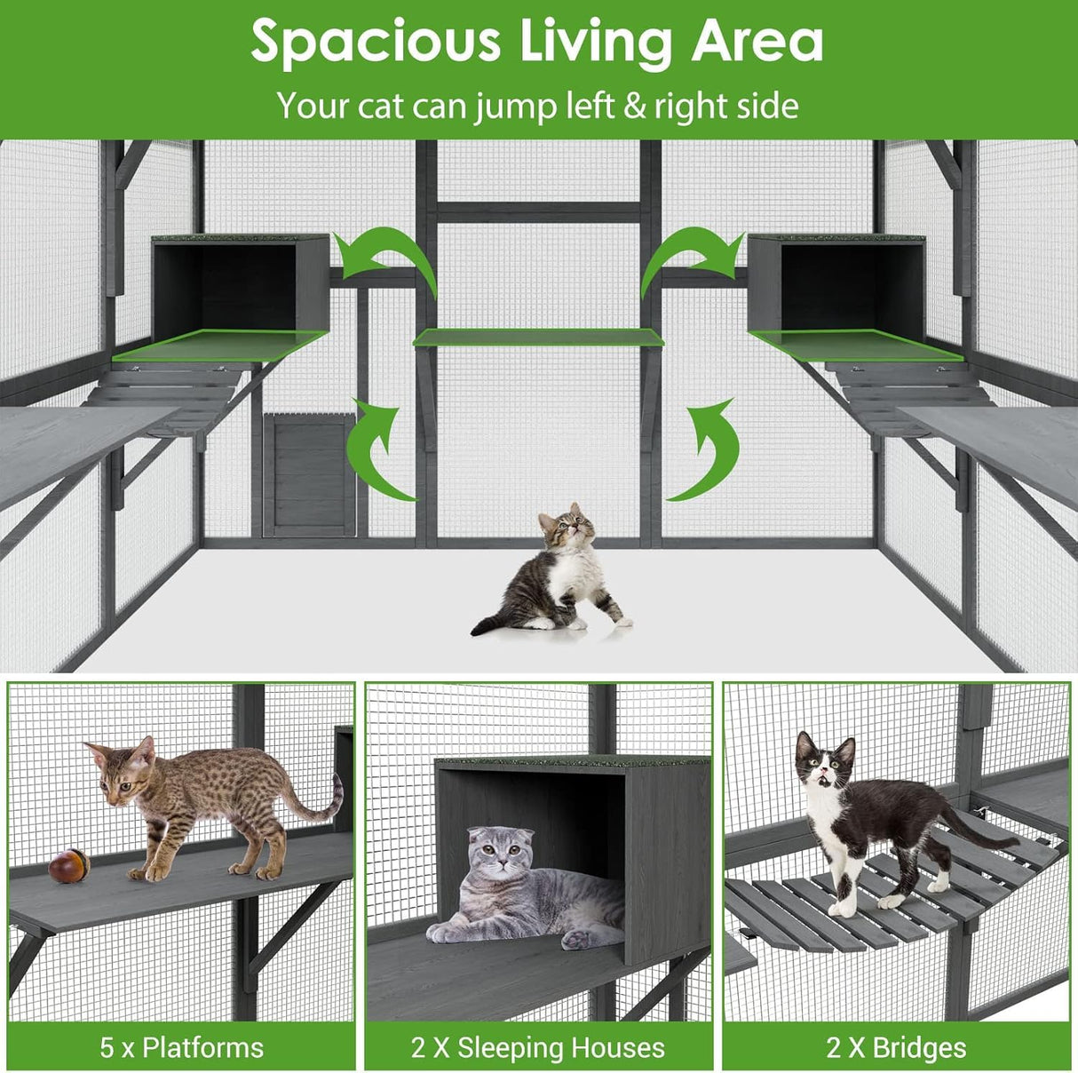 Lovinouse 43ft² Large Outdoor Cat House Catio, Luxury Wooden Cat Run Enclosure Walk in Kitten Condo with 2 Doors, 2 Playpen & Hiding Houses, Bridges, Walks, Roof Cover,Grey Lovinouse