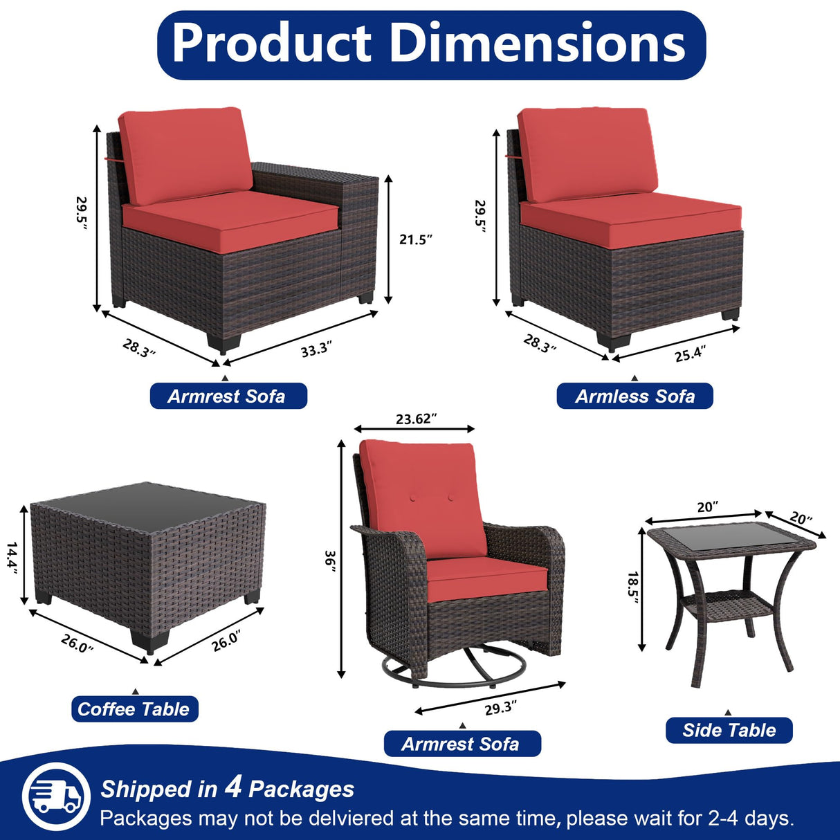 ASJMR 9 Pieces Patio Furniture Set with 2 Swivel Chairs Patio Furniture Outdoor Sectional Sofas Outdoor Patio Conversation Set - Red ASJMR