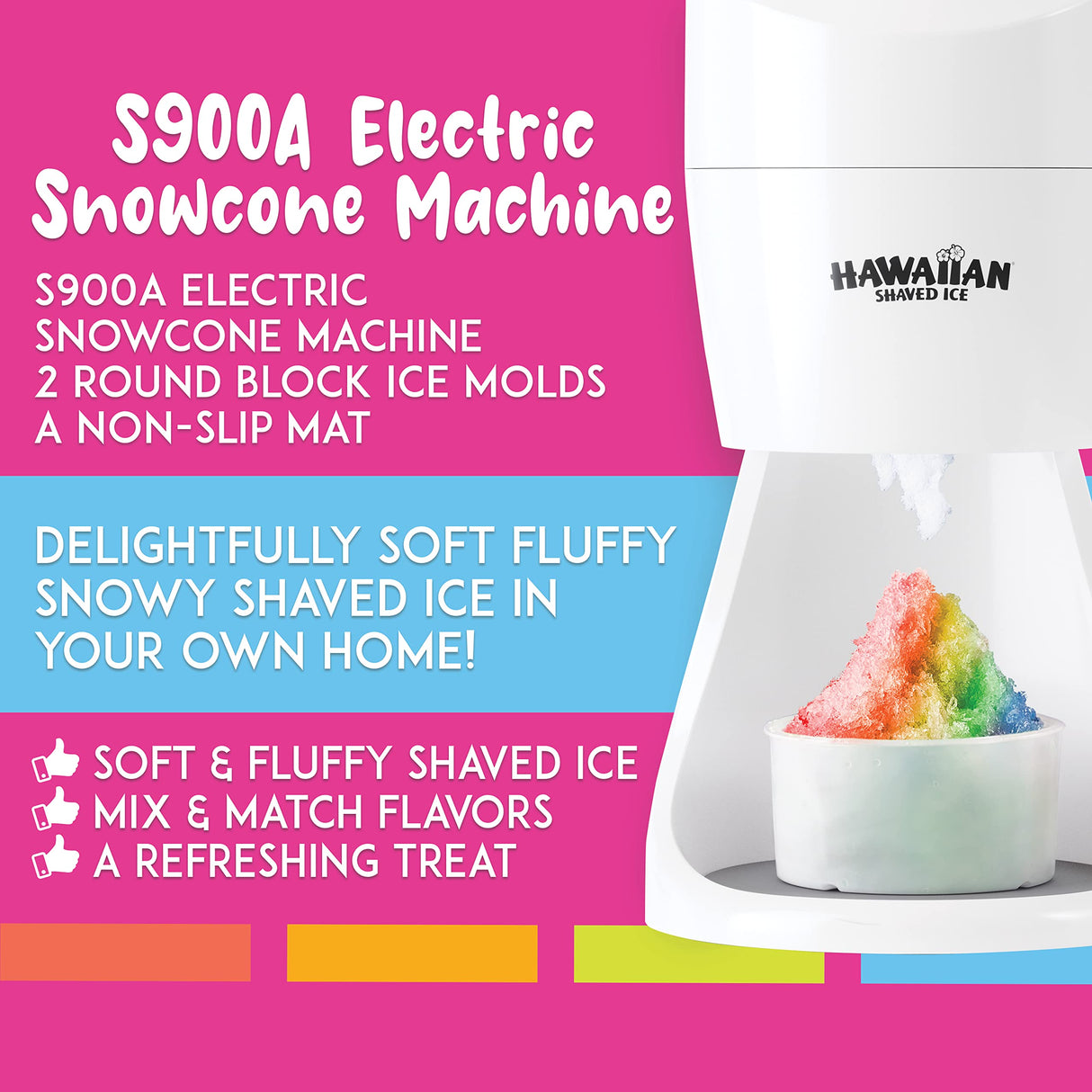 Hawaiian Shaved Ice S900A Snow Cone and Shaved Ice Machine with 2 Reusable Plastic Ice Mold Cups, Non-slip Mat, Instruction Manual, 1-year Manufacturer’s Warranty, 120V, White Hawaiian Shaved Ice