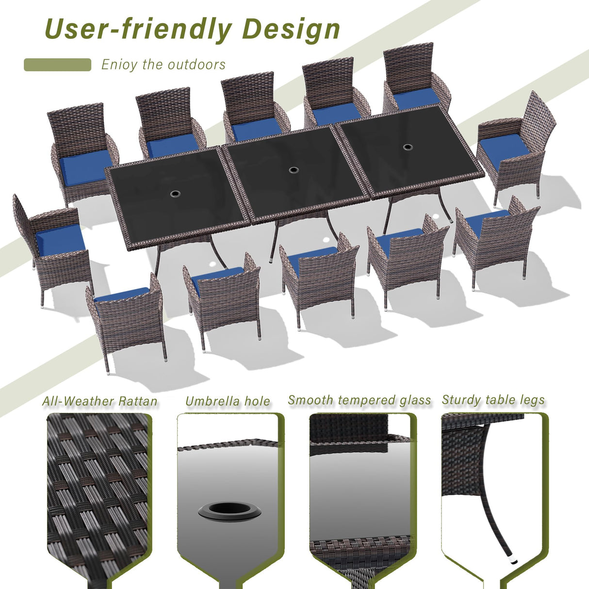 RTDTD 15 Pieces Patio Dining Set Outdoor Rattan Furniture Dinning Set with 3 Square Glass Tabletops 12 Chairs with Navy Blue Cushions for Patio, Backyard Outdoor Kitchen Lawn & Garden RTDTD