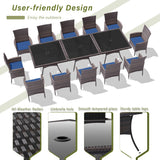 RTDTD 15 Pieces Patio Dining Set Outdoor Rattan Furniture Dinning Set with 3 Square Glass Tabletops 12 Chairs with Navy Blue Cushions for Patio, Backyard Outdoor Kitchen Lawn & Garden RTDTD