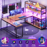 SEDETA L Shaped Desk with Storage Shelves, 63” Reversible U Shaped Office Desk, Gaming Desk with Power Outlet and LED Lights for Home Office, Rustic Brown SEDETA