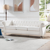 PHOYAL 3 Seater Sofa, Teddy Velvet Chesterfield Sofa Modern Tufted Couch 3 Seater Large Sofa with Scroll Arms and Nailhead for Living Room, White PHOYAL