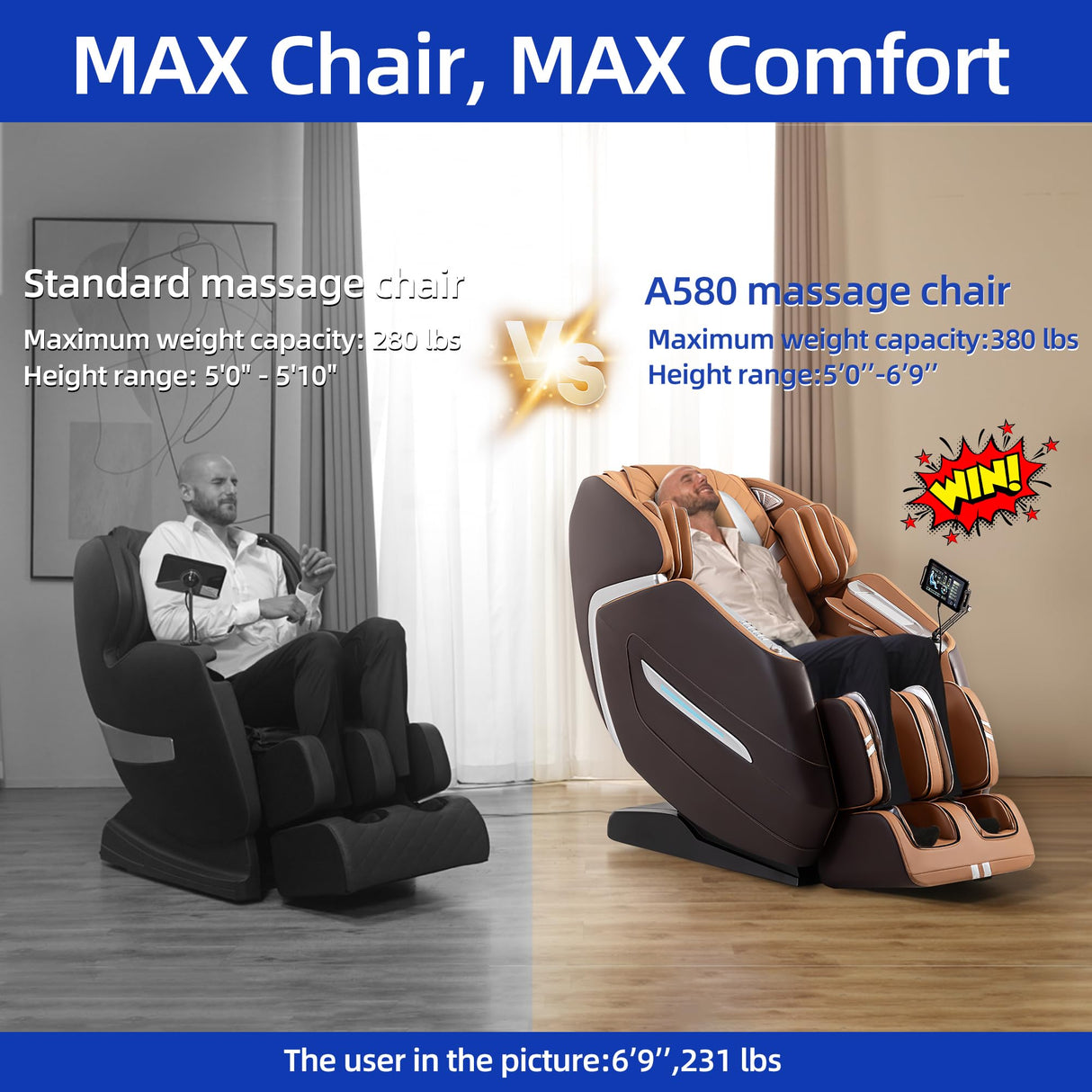 MassaMAX A580 2026 4D Massage Chair for Big & Tall People Full Body Massage Up to 6'10" & 500 lbs, Yoga Stretch, AI Voice Control, 22 Modes, 59" SL Track, Auto Footrest Extension, and Heating (Brown) MassaMAX