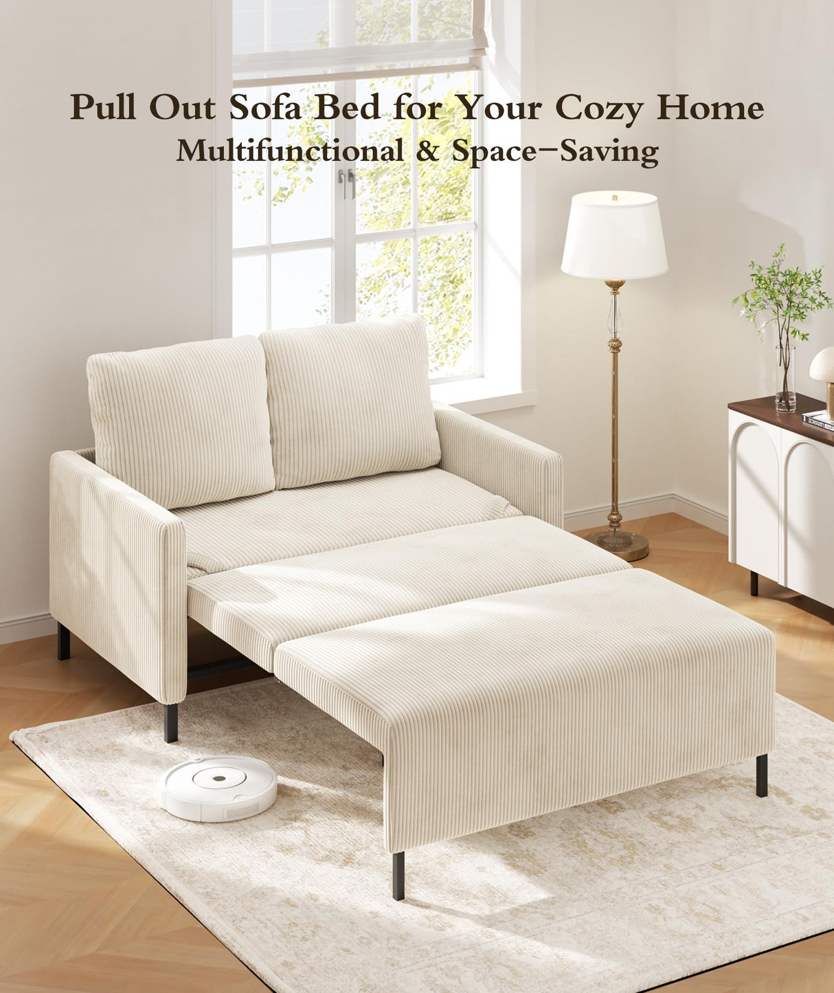 Corduroy Convertible Sofa Bed, 47" Loveseat Sleeper Sofa, Pull out Couch 618lbs Capacity, Modern Sleeper Couch Bed 2 Fluffy Pillows Included, Small Couches for Small Spaces/Apartment/Office, Beige Domusensus