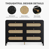 DWVO Natural Rattan 6 Drawer Dresser-Wooden Black Boho Double Dresser Chest of Drawers with Golden Handles-Modern Large Closet Dressers Storage Cabinet for Living Room/Hallway/Entryway DWVO