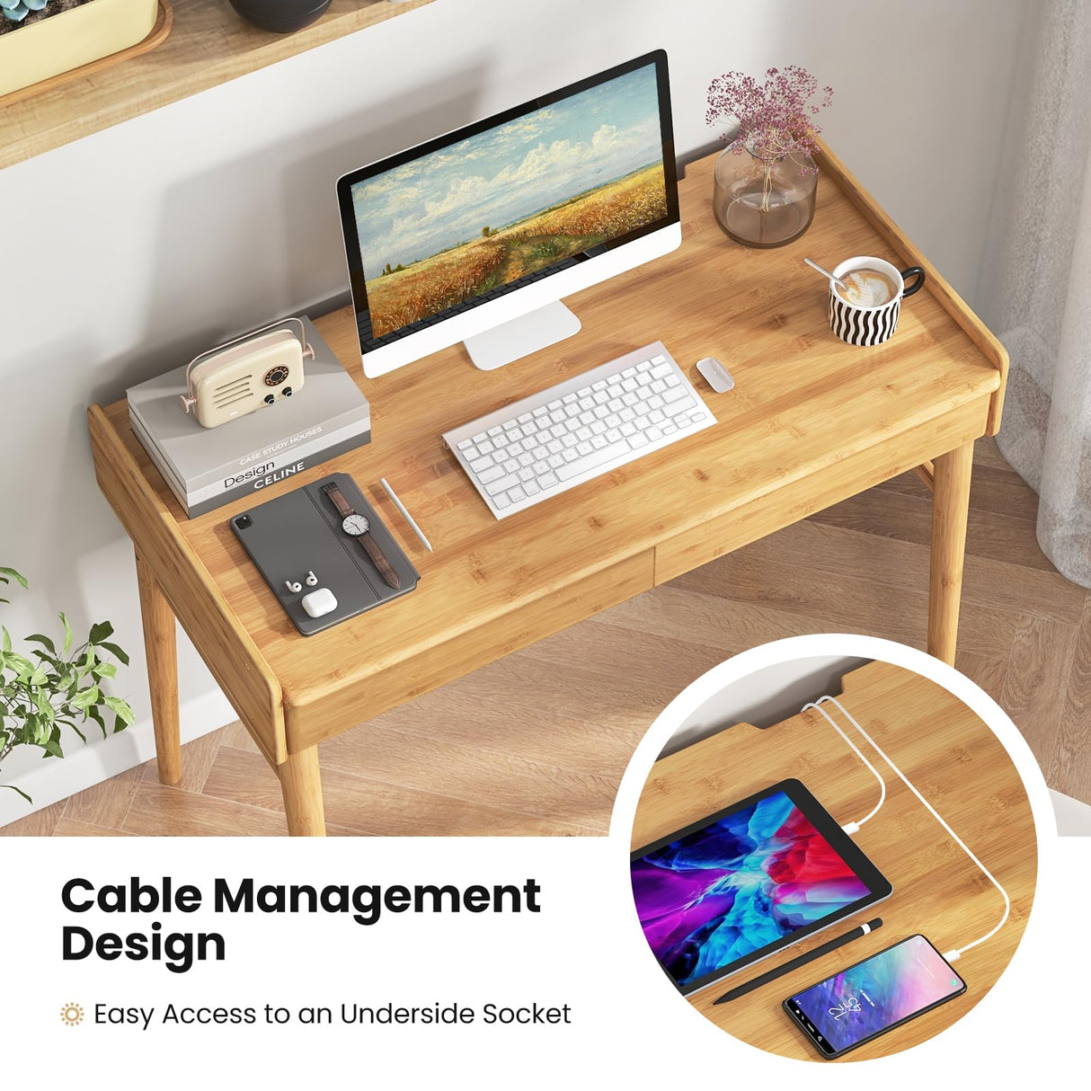 Giantex Computer Desk, 39.5" Bamboo Home Office Desk with 2 Storage Drawers and Open Shelf, Makeup Table Vanity Desk, Modern Writing Desk Computer Workstation for Bedroom, Study, Natural Giantex