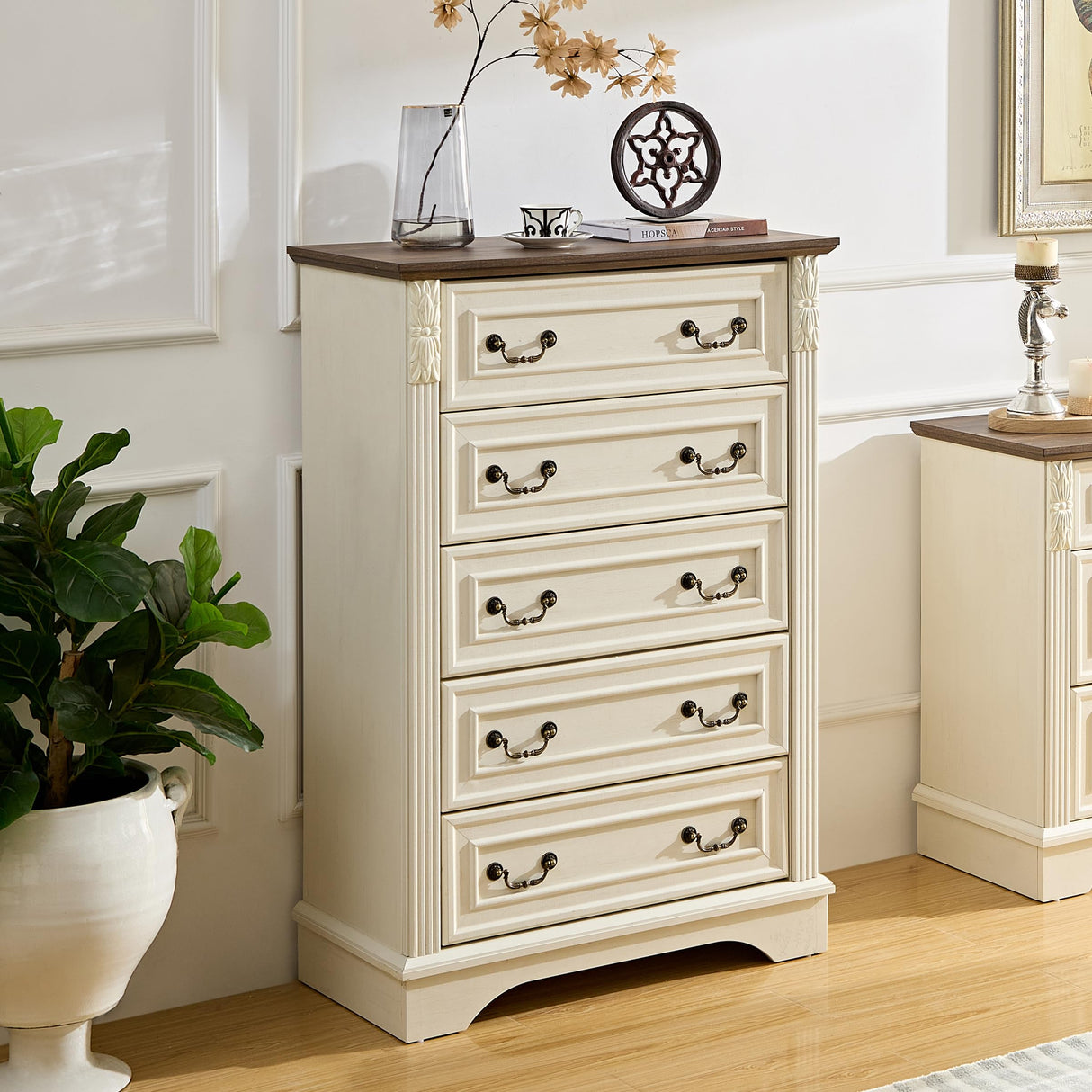 BLANKSPACE White Dresser for Bedroom,5 Drawers Dresser, Farmhouse Dresser for Bedroom,5 Chest of Drawers with Thickened Wood Carving for Closet,Hallway （Rustic White） BLANKSPACE