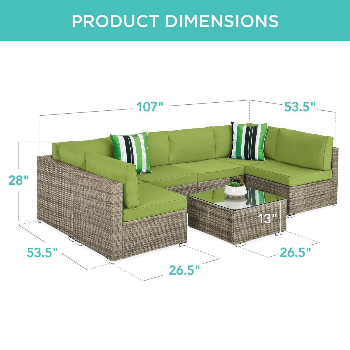 Best Choice Products 7-Piece Modular Outdoor Sectional Wicker Patio Conversation Set w/ 2 Pillows, Coffee Table, Cover Included - Taupe/Pistachio Best Choice Products