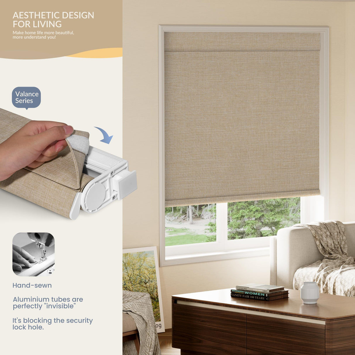 Boolegon No Drill No Tools Roller Shades for Windows, Blackout Linen Fabric, Cordless Roller Blinds, Thermal Insulated UV Protection Window Shades for Home,Bedroom,Office, Blackout-Beige,Custom Size Boolegon