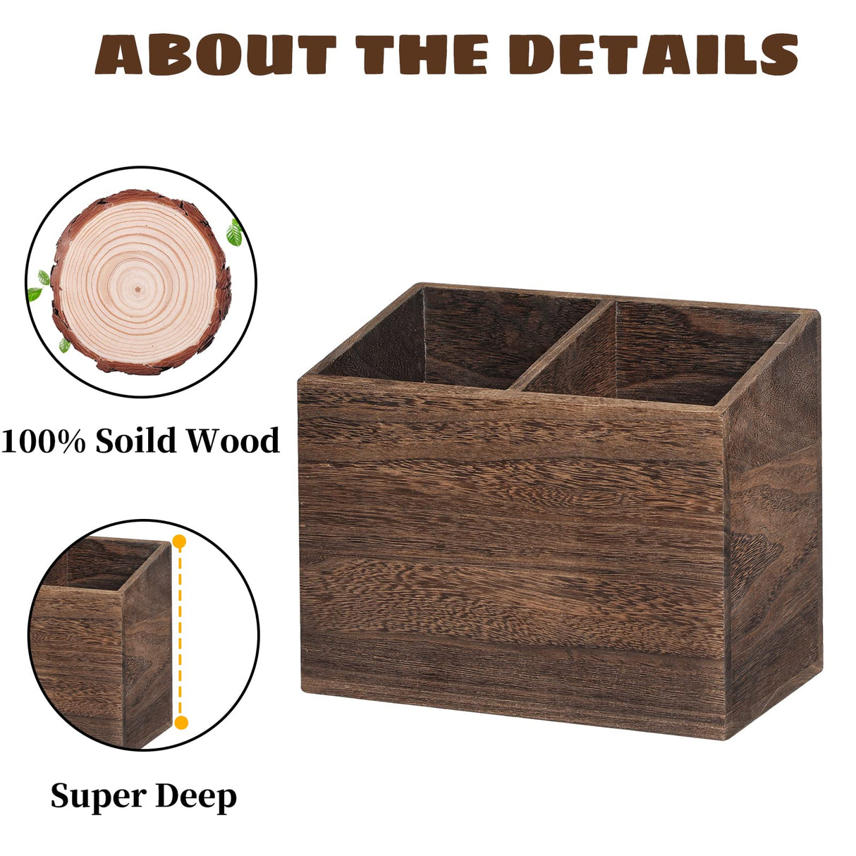 Wooden Kitchen Utensil Caddy With 2 Compartments, Rustic Kitchen Utensil Holder for Kitchen Countertop, Wood Utensil Crock Organizer Box for Farmhouse Kitchen Decor (brown) RJMKD