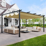 EBE 12'x16' Outdoor Pergola, Metal Patio Pergolas, Heavy Duty Retractable Awning Pergola Sun Shade Canopy for Decks, Gardens and Backyards, Beige EBE
