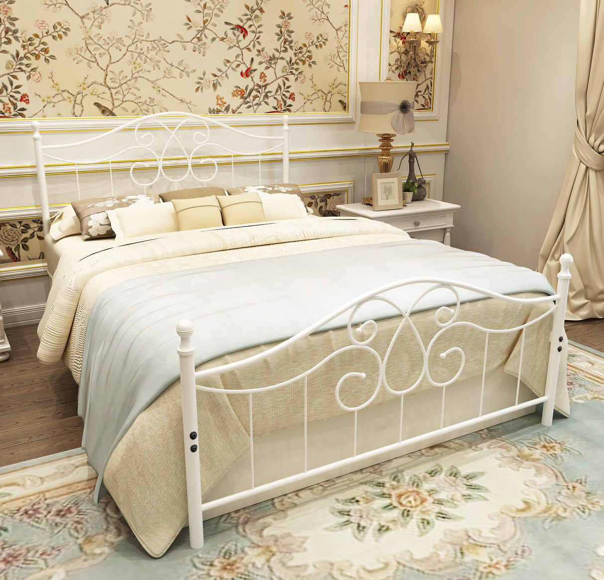 YERPERFO Metal Queen Bed Frame with Headboard and Footboard Farmhouse Platform Bed Frame Queen Size Under Bed Storage No Box Spring Needed and Easy Assembly(Queen, White) YERPERFO