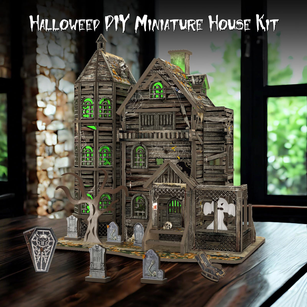 DIY Mini House Kit, Miniature Haunted House Kits with LED Accessories Furniture, 3D Wooden Puzzles for Adults, Dollhouse Craft Gifts for Girls, Boys, Teens Dibetoy