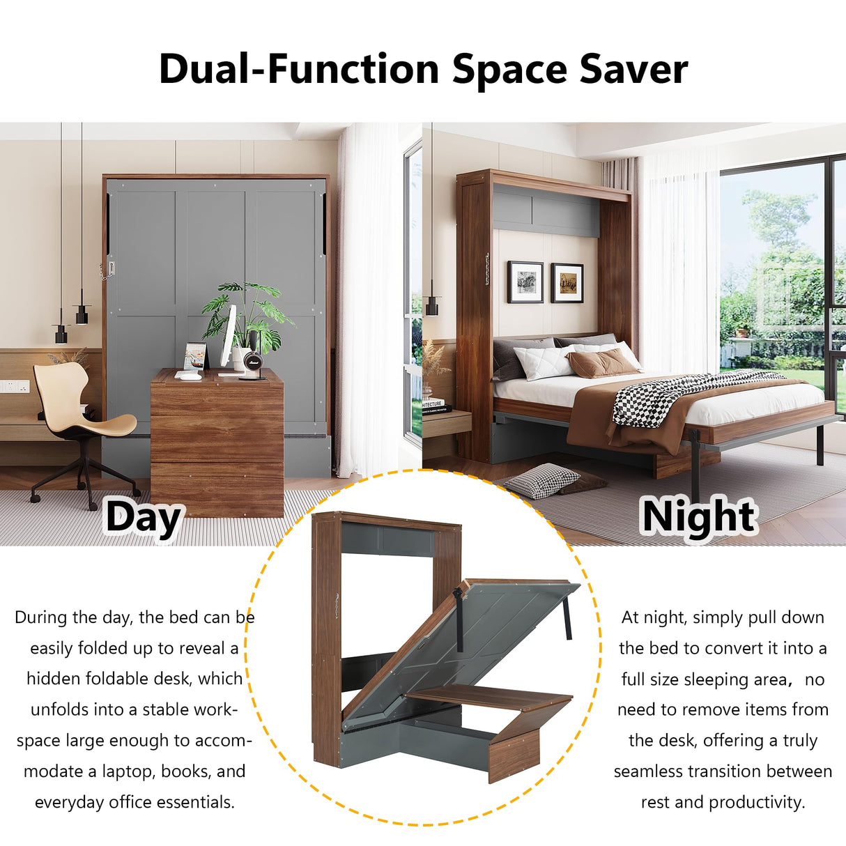 Polibi Full Size Murphy Bed with Foldable Desk,Space Saving Wall Bed,Heavy Duty 500 LBS,Hydraulic Lift,for Apartment & Home Office,Walnut & Gray Polibi