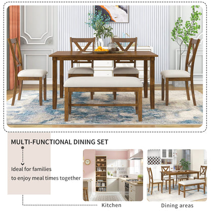 6 Piece Dining Table Set, Wooden Rectangular Kitchen Table and 4 Dining Chairs with Cushions and 1 Bench with Cushion, Wooden Kitchen Dining Room Table Set for 6, Brown - WoodArtSupply