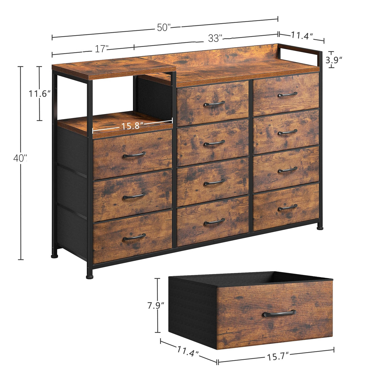 EnHomee Dresser for Bedroom with 11 Drawers Long Dresser TV Stand with Shelves Wide Dressers & Chests of Drawers Large Dresser for Bedroom Dresser, Sturdy Metal Frame, Wood Top, Rustic Brown EnHomee