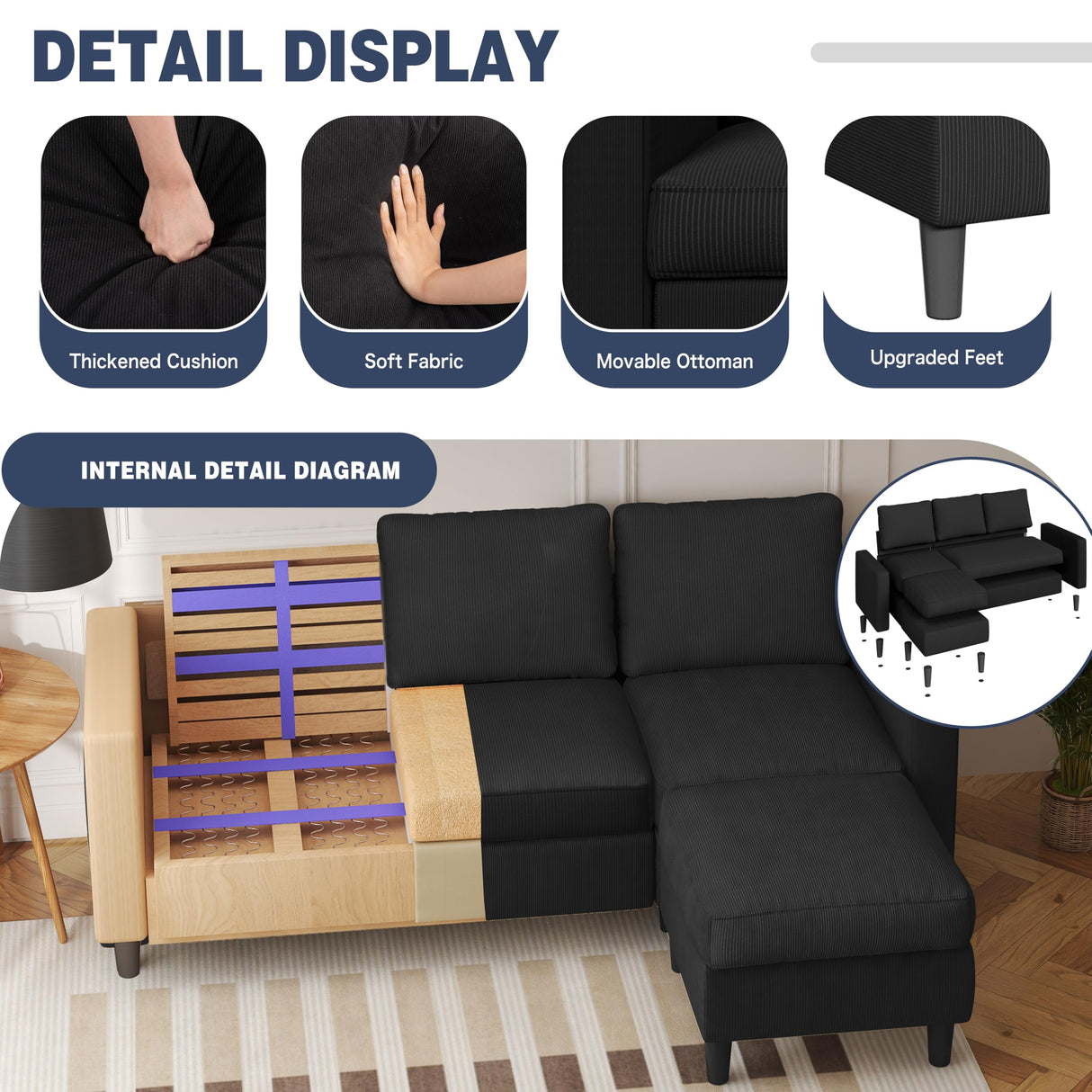 Shintenchi Small Sectional Sofa Couch, 3 Seat L Shaped Couches with Ottoman, Upholstered Corduroy Convertible Sofa, Small Couch for Apartments, Living Room and Office (Black) Shintenchi