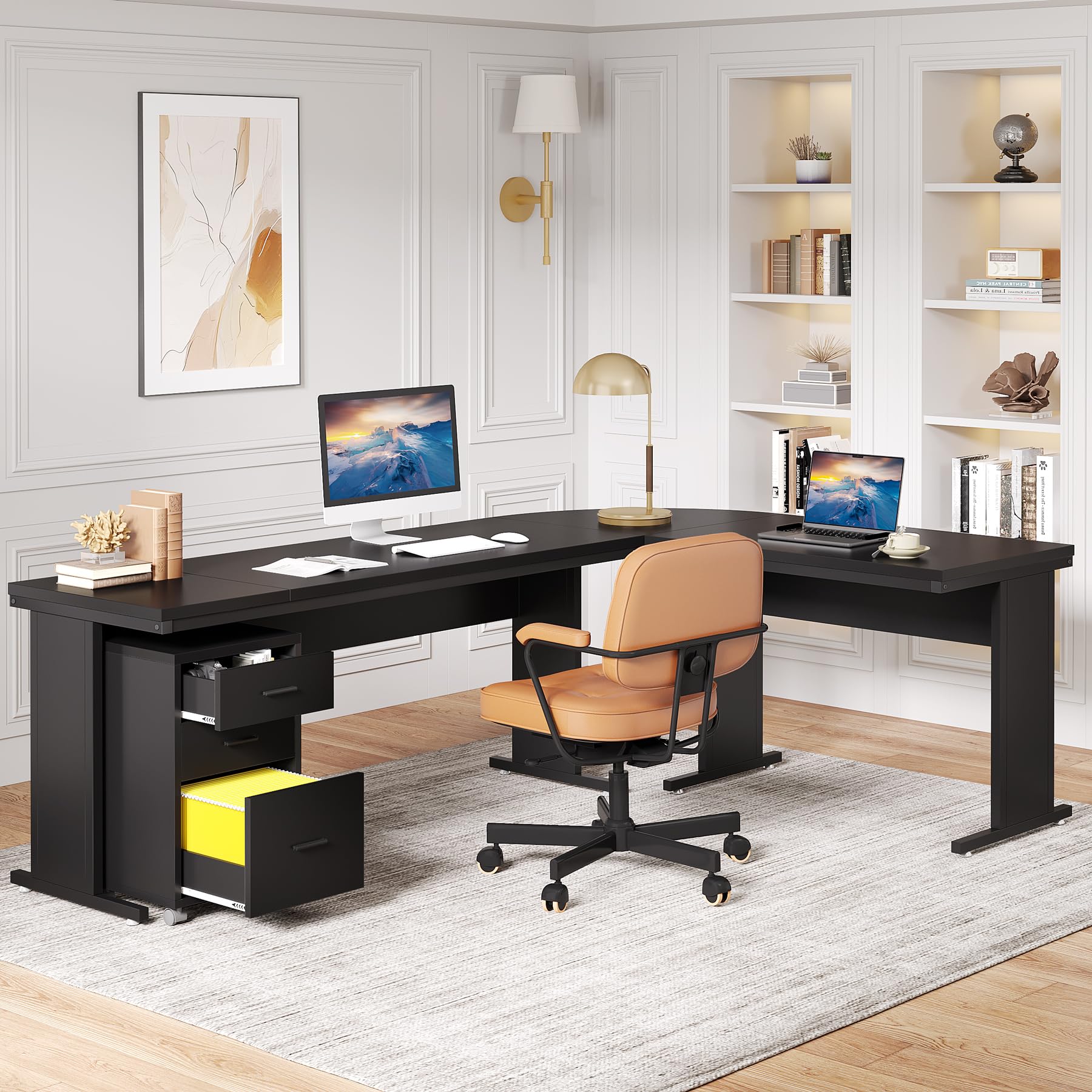 Tribesigns 83" L-Shaped Executive Desk, Large Office Desk with 3-Drawer Mobile File Cabinet, Industrial Computer Desk with Storage Drawers, Business Furniture Table Workstation for Home Offic - WoodArtSupply