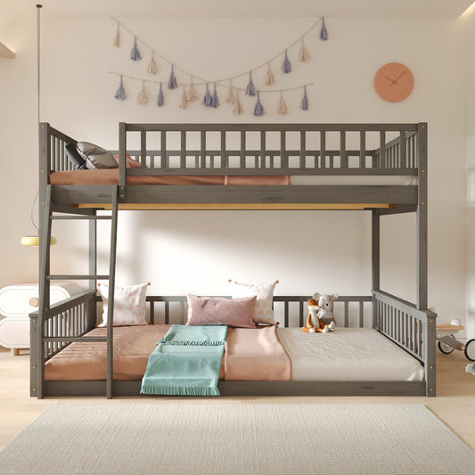 Merax Wooden Bunk Bed Full XL Over Queen for Adults Teens, Full XL Over Queen Bunk Beds with Incline Ladder and Guardrails, Bunk Beds Can Be Divided into 2 Platform Beds, Wood Slats, Grey