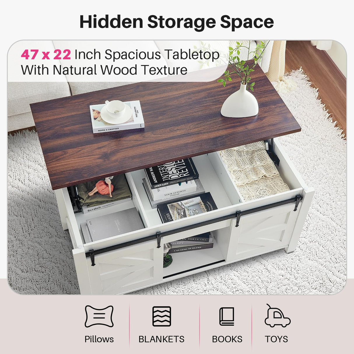 Redlife Lift Top Coffee Table, Coffee Table with Storage, 47" White Coffee Table with Lifting Top, Lifting Tabletop with Sliding Barn Door for Living Room, Office, Farmhouse Coffee Table Redlifeᅟᅠ