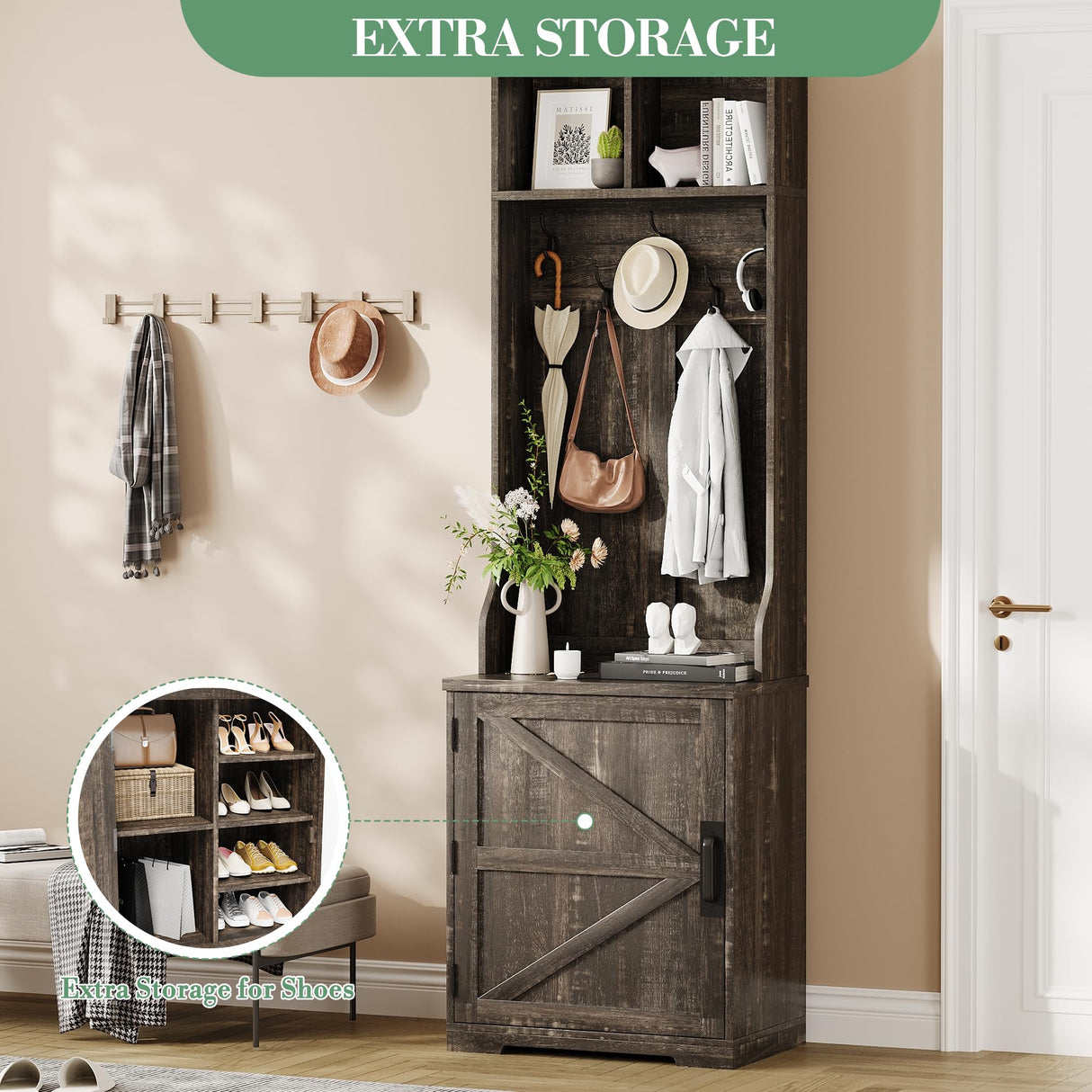 IDEALHOUSE Farmhouse Narrow Coat Rack with Shoe Storage, 23.6" Small Hall Tree with Bench, Entryway Coat Rack with 5 Hooks, 2 Cubbies & 1 Barn Door Cabinet for Entryway, Hallway, Mudroom, White/Brown IDEALHOUSE