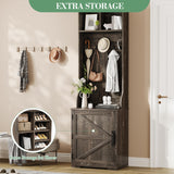 IDEALHOUSE Farmhouse Narrow Coat Rack with Shoe Storage, 23.6" Small Hall Tree with Bench, Entryway Coat Rack with 5 Hooks, 2 Cubbies & 1 Barn Door Cabinet for Entryway, Hallway, Mudroom, White/Brown IDEALHOUSE