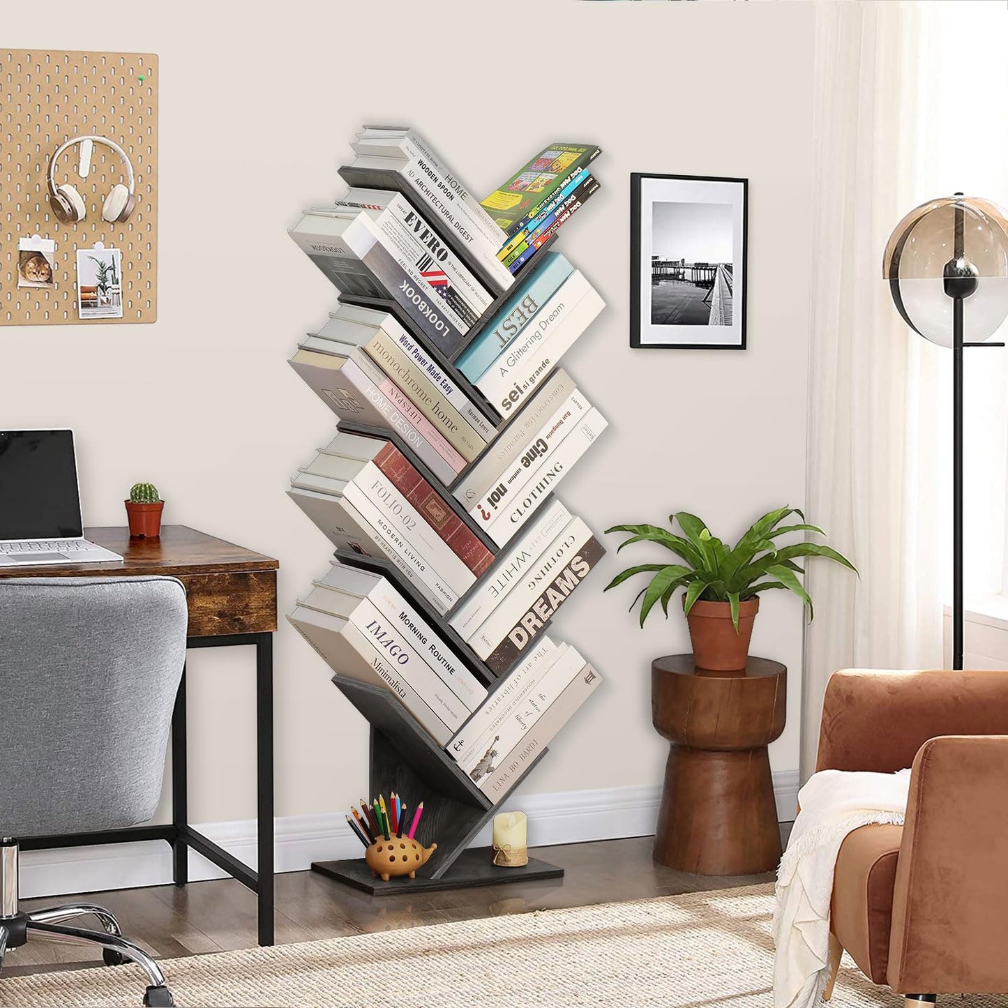 SHEEPAM 10-Tier Tree Bookshelf – Stylish Floor-Standing Storage Organizer for Small Spaces in Light Grey - WoodArtSupply