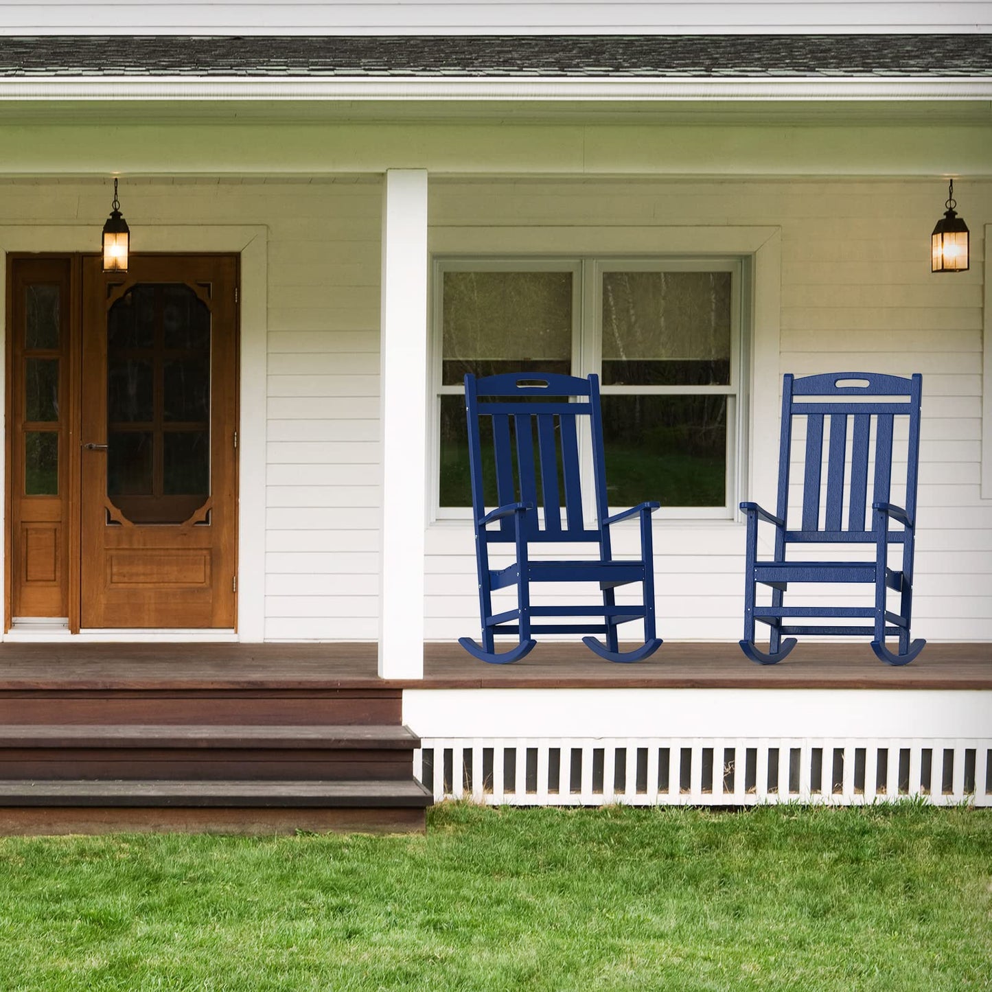 POLYDUN Outdoor Rocking Chair, Looks Like Wood, High Back Poly Lumber Patio Rocker Chair, 365Lbs Support, All-Weather Porch Rocking Chair for Lawn, Backyard, Indoor, Garden, Navy - WoodArtSupply