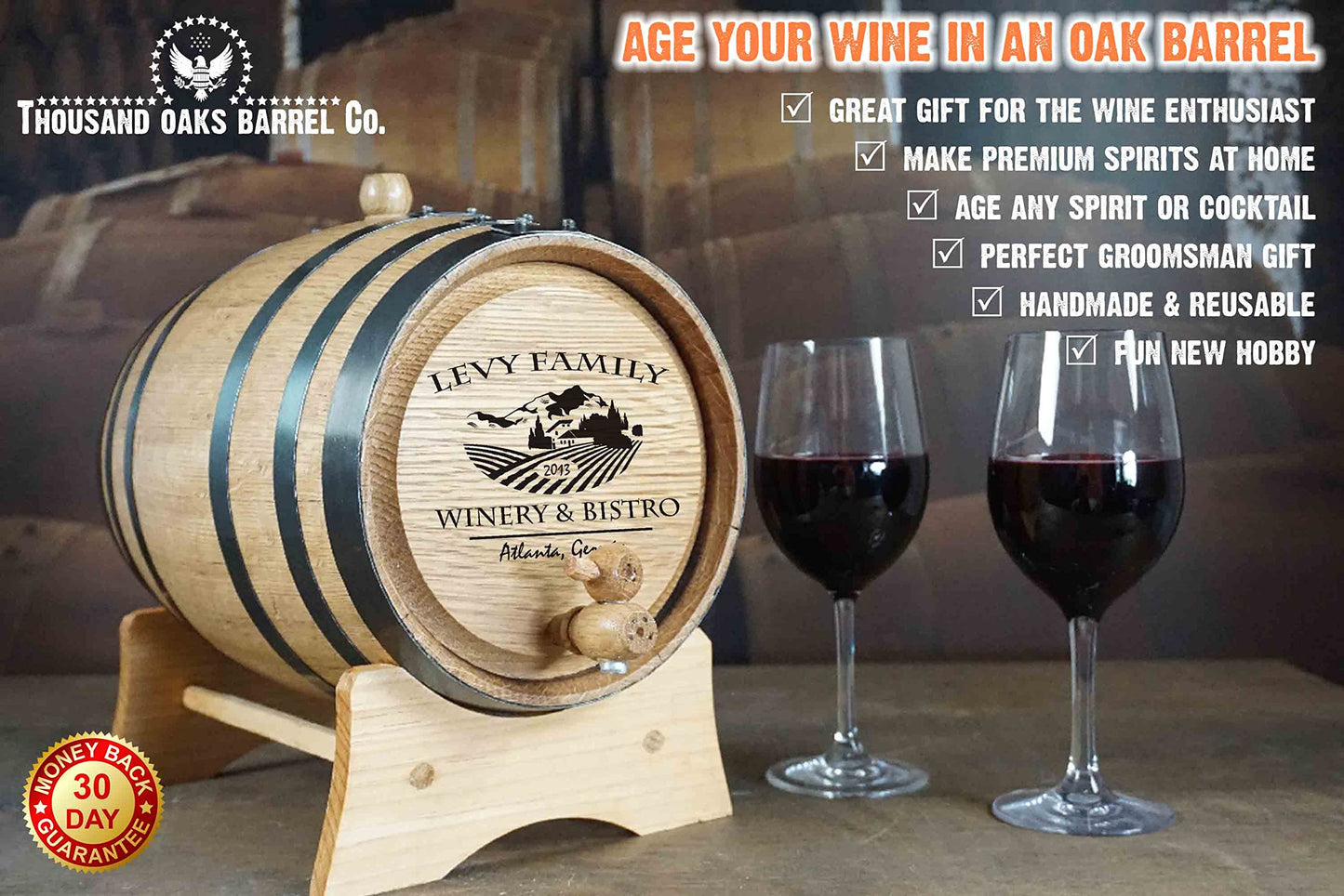 Personalized 1 Gallon Oak Wine Barrel with Stand, Bung, and Spigot (5 liter) | Age Cocktails, Wine, Mead and More! | Custom Engraved Vineyard Bistro - WoodArtSupply