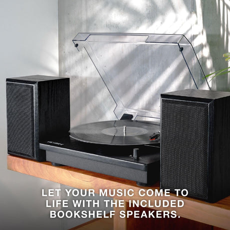 Victrola Montauk Vinyl Record Player, White Wood Finish, 3-Speed Belt Driven Turntable with Stereo Bluetooth Speaker Pair, RCA Output and 3.5mm Headphone Jack, Removable Dust Cover Victrola
