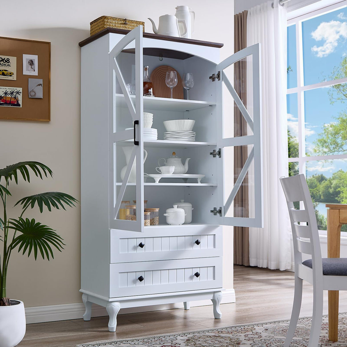 72" Tall Bookcase Set of 2 with Glass Doors, Farmhouse 3Tier Book Shelf with 2 Drawer, Arc Wood Bookshelf with Storage Cabinet, Freestanding Display Bookshelves, China Cabinet for Living Room, Office FFBCFDK