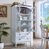 72" Tall Bookcase Set of 2 with Glass Doors, Farmhouse 3Tier Book Shelf with 2 Drawer, Arc Wood Bookshelf with Storage Cabinet, Freestanding Display Bookshelves, China Cabinet for Living Room, Office FFBCFDK